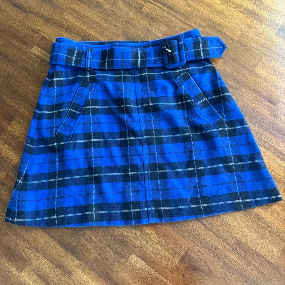 NWOT BP. Belted Plaid Skirt in Blue Maz Hayden Plaid - S!
